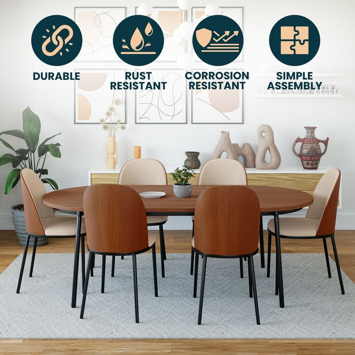Dining table set with chairs in a room setting, featuring durability, rust resistance, corrosion resistance, and simple assembly icons.
