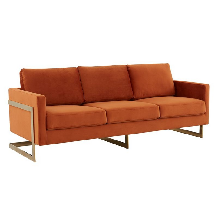 LeisureMod Lincoln Modern Mid-Century Upholstered Velvet Sofa with Gold Frame Orange Marmalade
