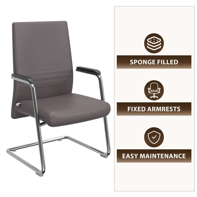 Brown office chair with features listed on a white background.