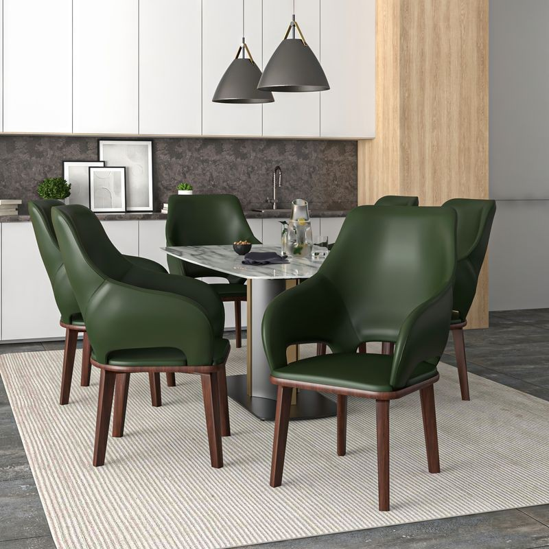LeisureMod Vivara Collection Modern Dining Chair in Dark Green at Table.