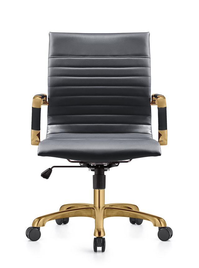 LeisureMod Harris Office Chair with Gold Frame Black Front View.