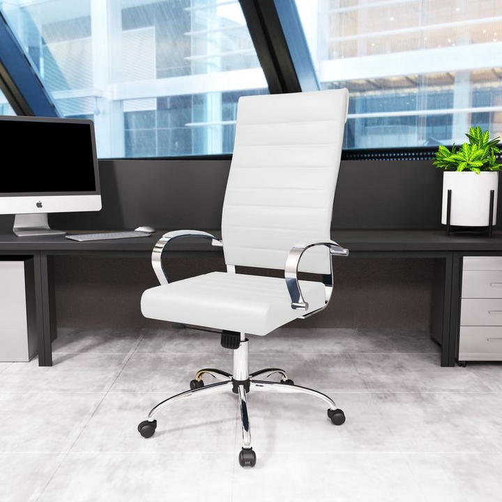 LeisureMod Benmar High-Back Leather Office Chair White in Room.