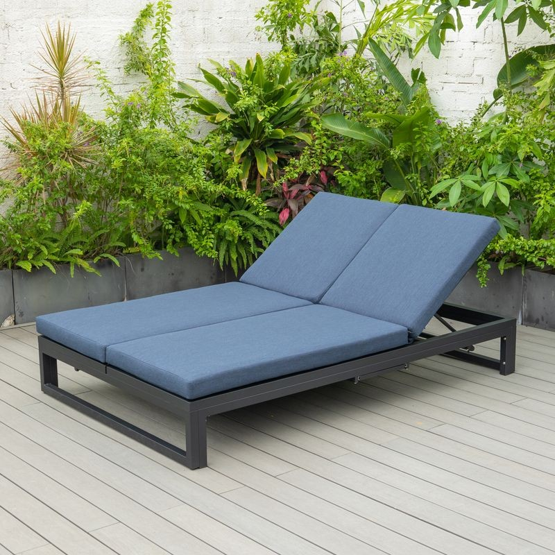 LeisureMod Chelsea Convertible Lounge Reclining Double Chaise with Cushions Blue on Deck.