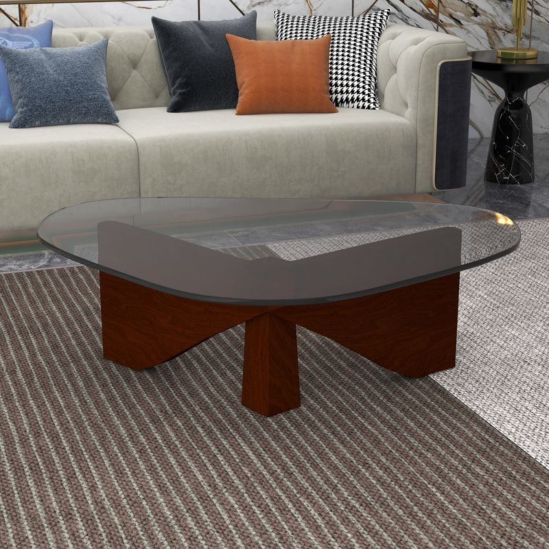 LeisureMod Imperial Triangle Coffee Table Dark Walnut in Room.