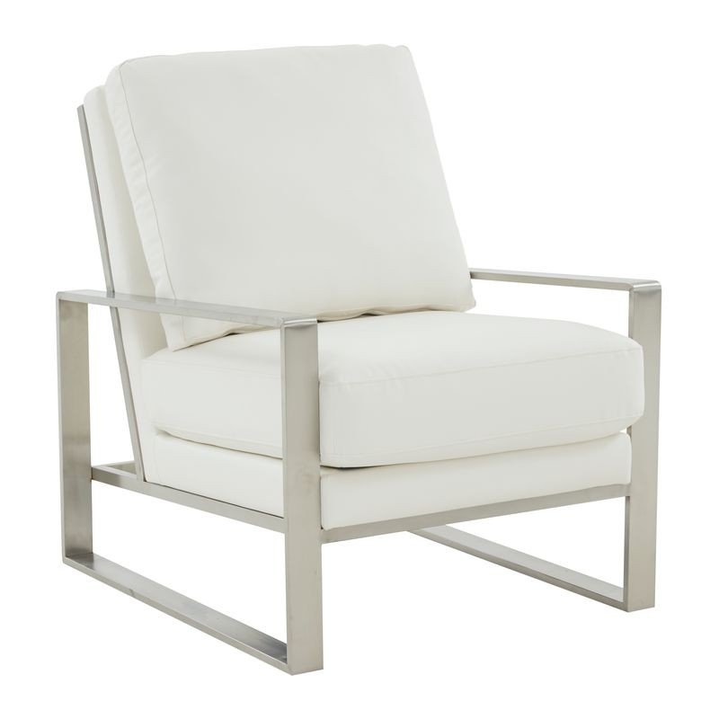LeisureMod Jefferson Faux Leather Modern Design Accent Armchair with Elegant Silver Frame White Angled View.