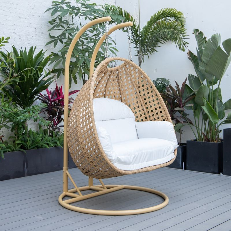 LeisureMod Mendoza Light Brown Wicker Hanging 2 Person Egg Swing Chair White Photo.