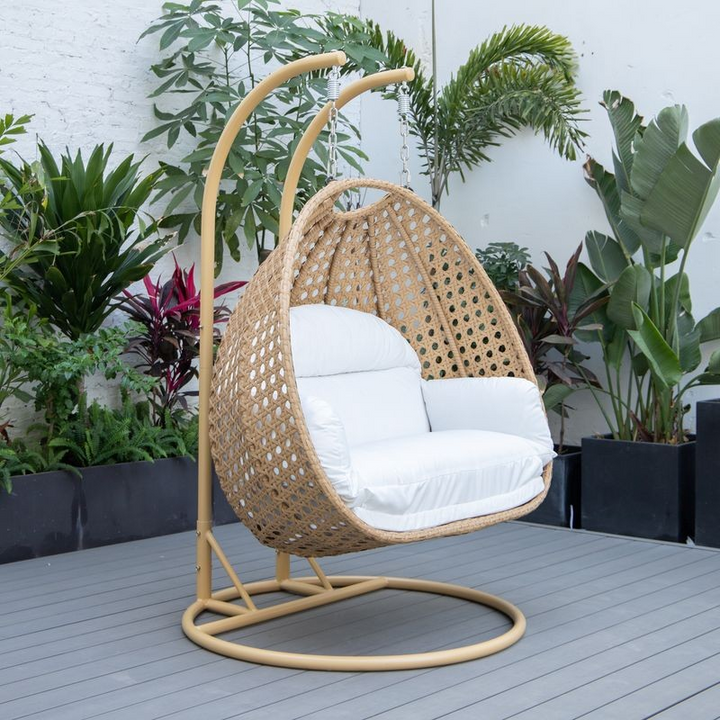 LeisureMod Mendoza Light Brown Wicker Hanging 2 Person Egg Swing Chair White Photo.
