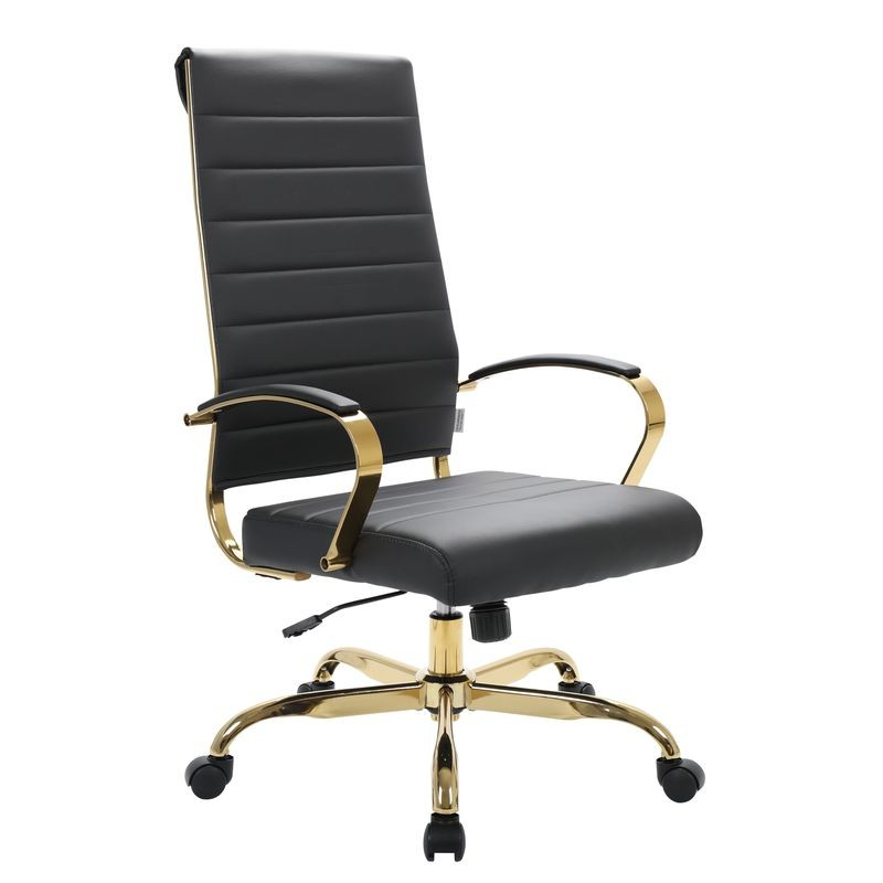 LeisureMod Benmar High-Back Leather Office Chair with Gold Frame Black