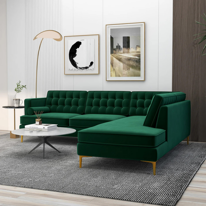 Brooke Green Sectional Sofa Right Facing in Living Room.