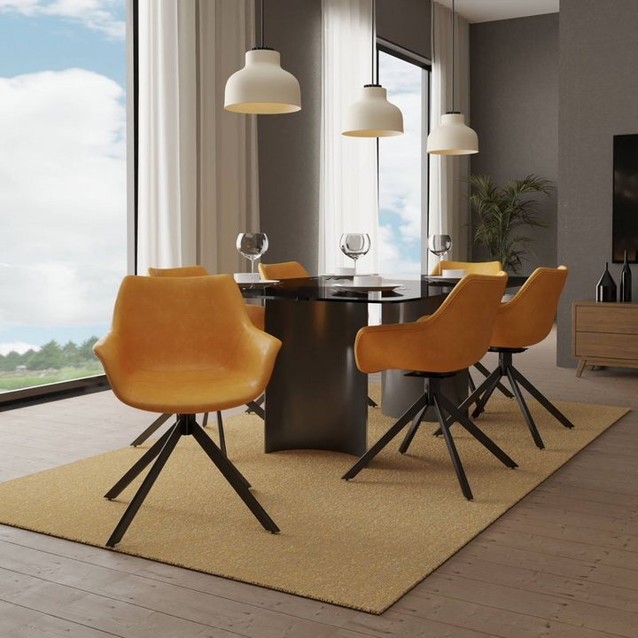 LeisureMod Markley Modern Leather Dining Swivel Armchair in Light Brown at Table.