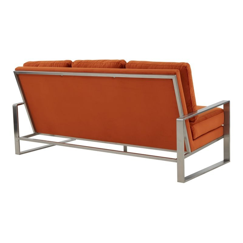 LeisureMod Jefferson Contemporary Modern Design Velvet Sofa with Silver Frame Orange Back