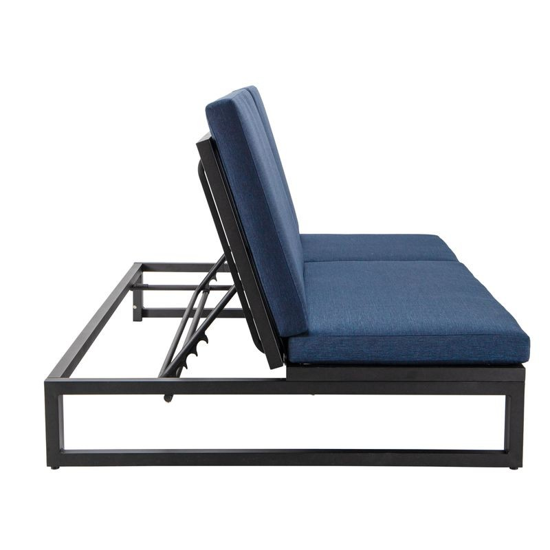 LeisureMod Chelsea Convertible Lounge Reclining Double Chaise with Cushions Blue Side Chair View.