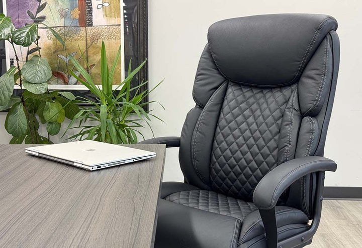 400 lbs. Cap. Cowhide Leather Executive Chair with Diamond Stitching in Black with Desk