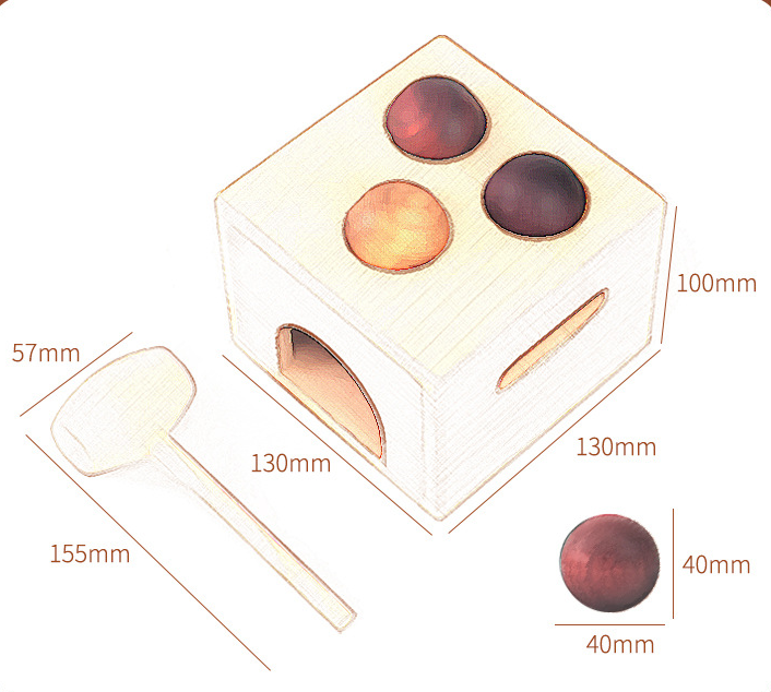 Cube-shaped container with three colored spheres and measurements on a white background.