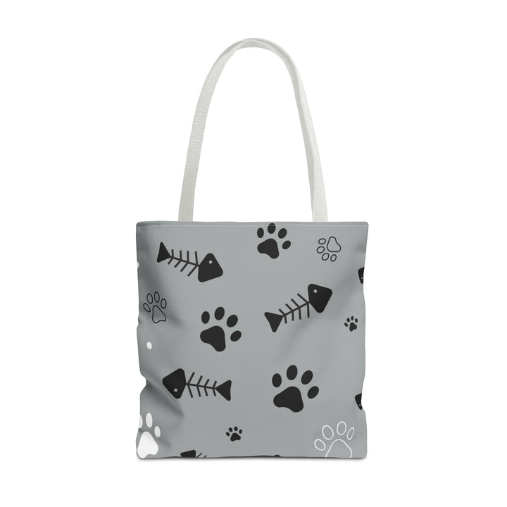 Paws and Fish Gray Pattern Tote Bag (AOP)