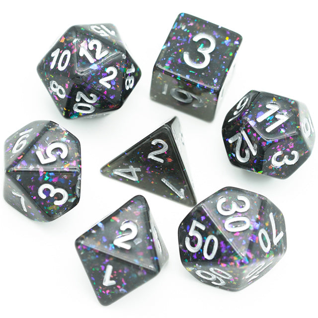Black Cloud Brocade Powder 7-Dice Dnd Dice | Glitter w/Silver Numbers Set