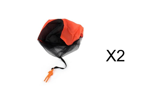 Orange and black mesh parachute with a handle on a white background.