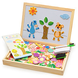 Wooden magnetic toy set with colorful pieces and a whiteboard on a white background.