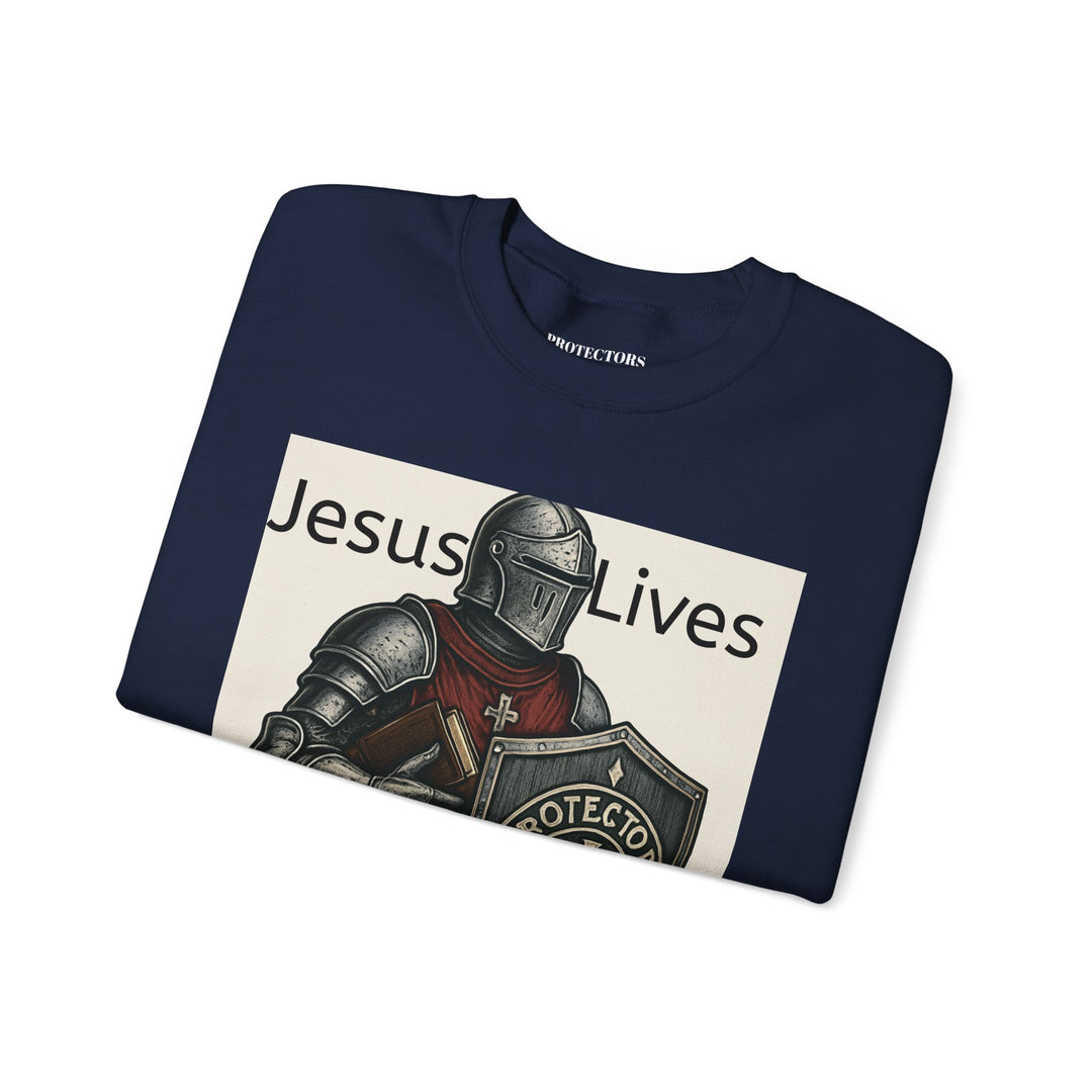 Knight Shield Crewneck Sweatshirt — "Protectors of the Word Jesus Lives"