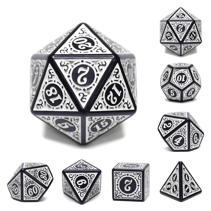 White Magic Flame 7-Dice Set DND RPG Dice Black w/Color Fill
