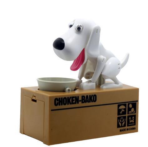 Dog-shaped piggy bank on a cardboard box.