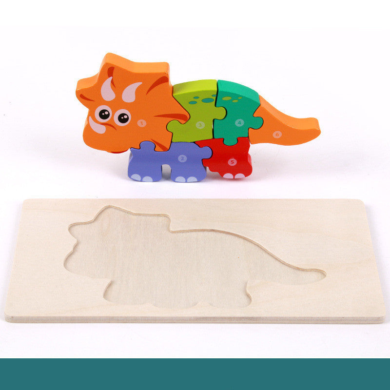 Colorful dinosaur-shaped wooden puzzle on a white background.
