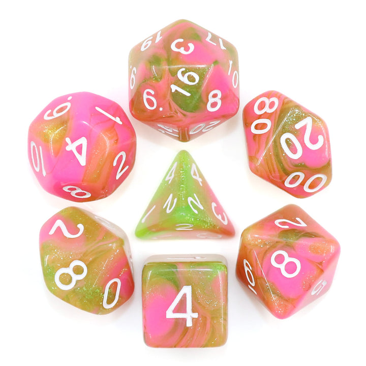 Apple Taffy Lime Green/Pink Glitter/Swirl  7-Dice Set by HendgaDice