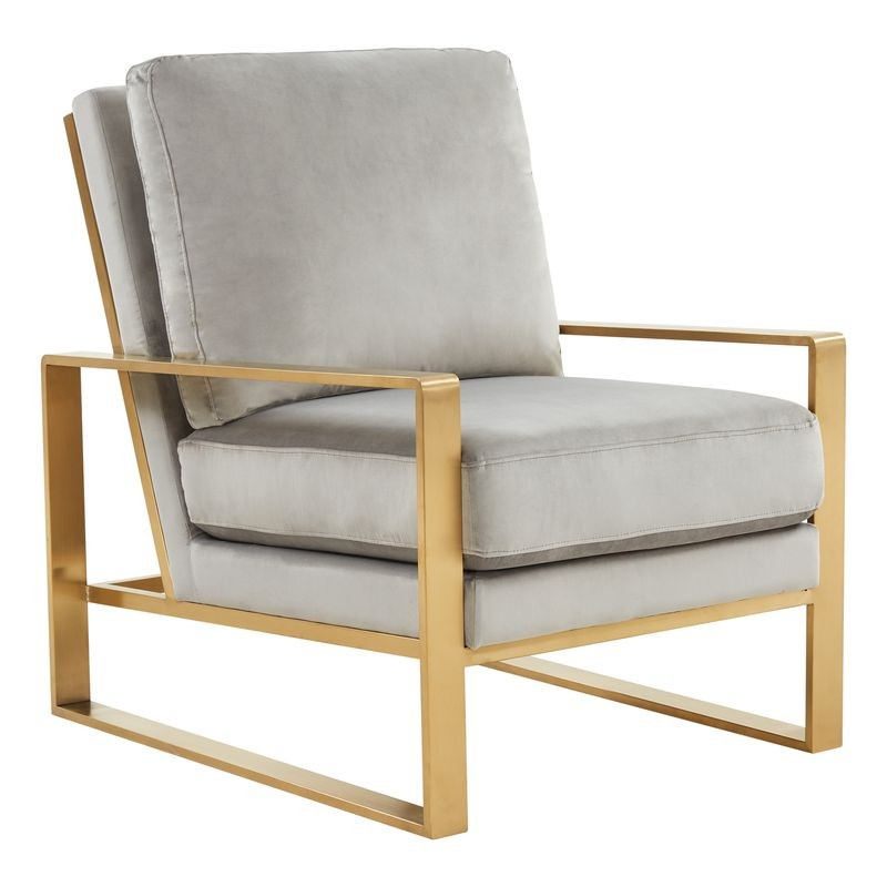 LeisureMod Jefferson Velvet Design Accent Armchair with Gold Brass Finish Frame Light Gray Angled.