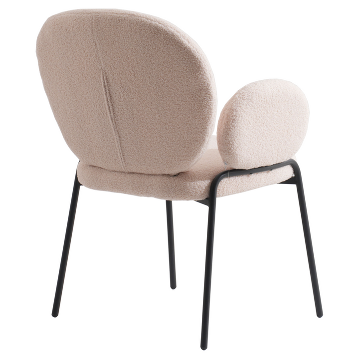 Leisuremod Celestial Series Boucle Dining Black Frame Armchair with Beige Fabric Back Angle View.