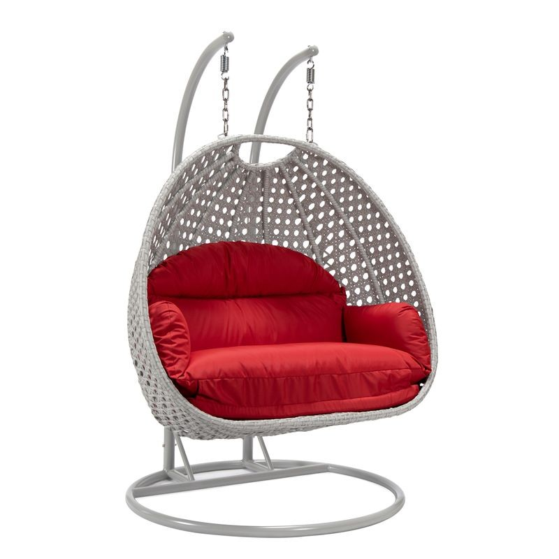 LeisureMod Mendoza Light Grey Wicker Hanging 2 Person Egg Swing Chair Red