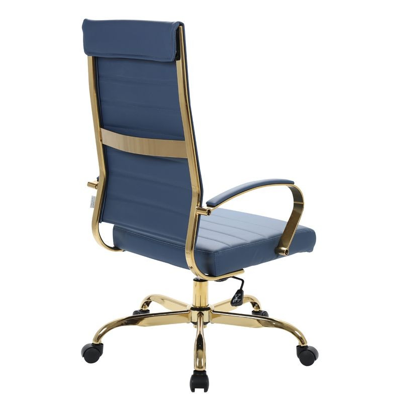 LeisureMod Benmar High-Back Leather Office Chair with Gold Frame Navy Blue Back View.
