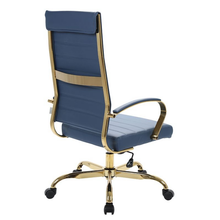 LeisureMod Benmar High-Back Leather Office Chair with Gold Frame Navy Blue Back View.