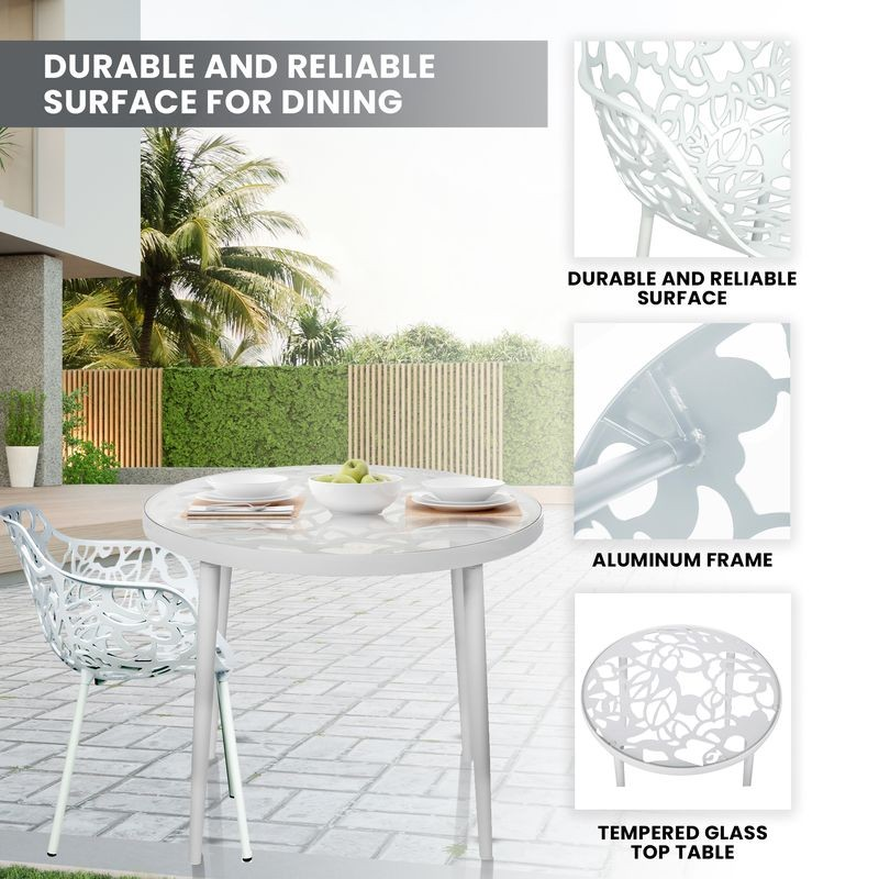 Outdoor dining table with chairs on a patio, featuring text about durability and reliability.