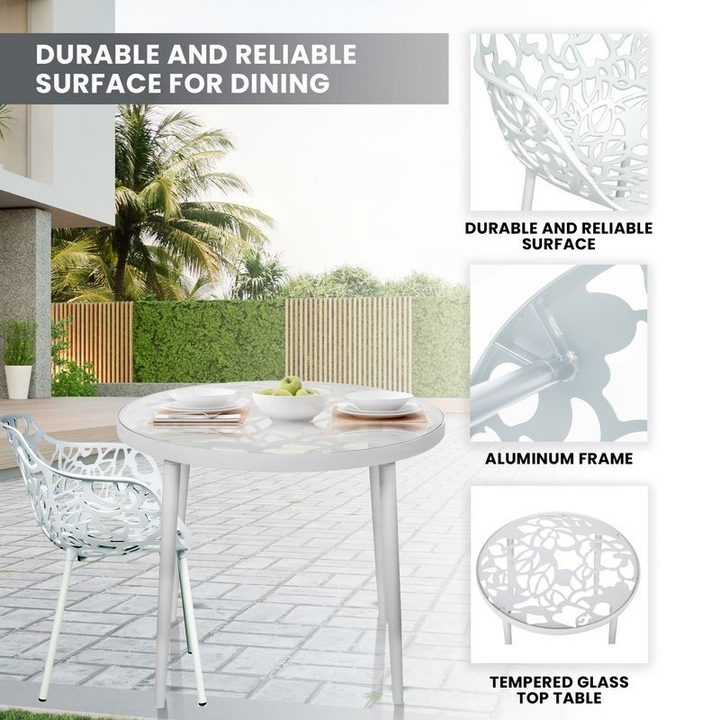 Outdoor dining table with chairs on a patio, featuring text about durability and reliability.