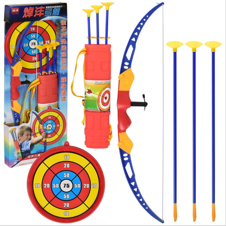 Toy archery set with bow, arrows, and targets on a white background.