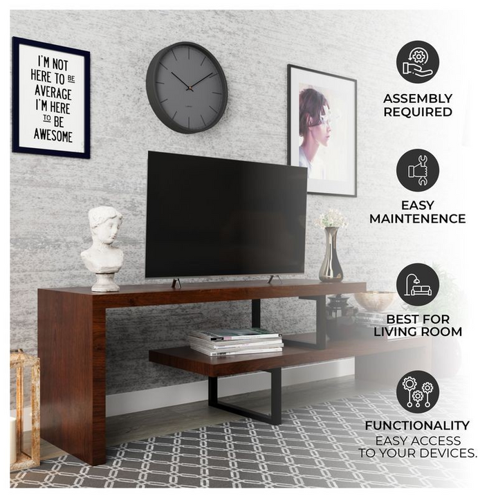 LeisureMod Orford Mid-Century Modern TV Stand with MDF Shelves and Powder Coated Iron Legs in Walnut Description.