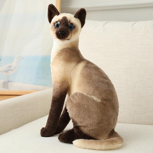 Plush toy cat with Siamese breed characteristics on a white surface.