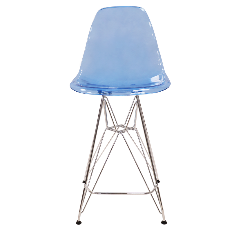 LeisureMod Cresco Modern Acrylic Barstool with Chrome Base and Footrest in Transparent Blue Front View.