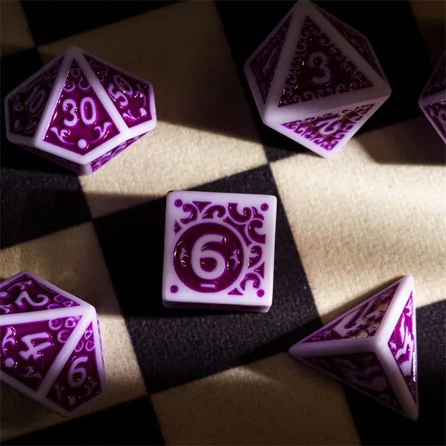 White with Purple rregular Pattern Fill: 7-Piece Acrylic Dice Set