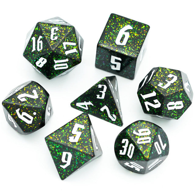 80's Monster Glitter DND Dice (Black,Green,Orange) 7-Dice Dungeons and Dragons Dice