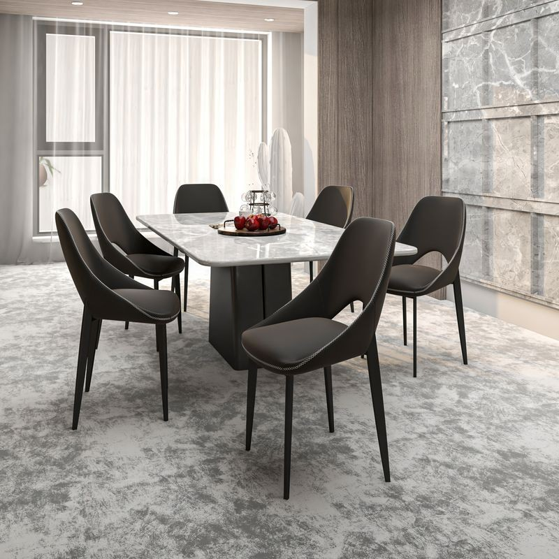 LeisureMod Amalfi Collection Fabric Modern Dining Chair in Charcoal at Table.