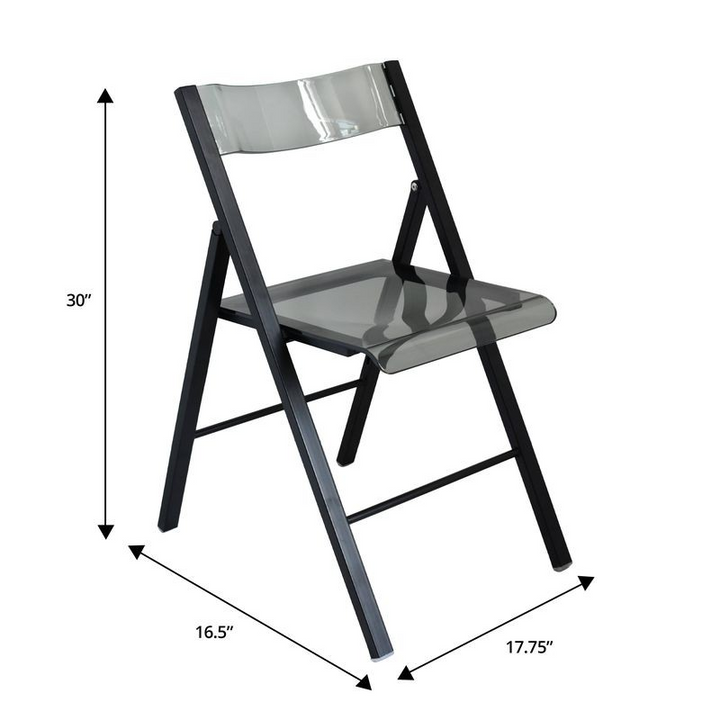 Black folding chair with dimensions labeled on a white background.