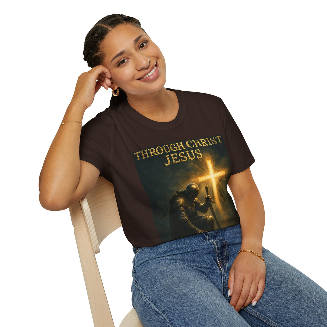 Christian Knight T-Shirt — "Through Christ Jesus" Front and "I Am Saved" Back