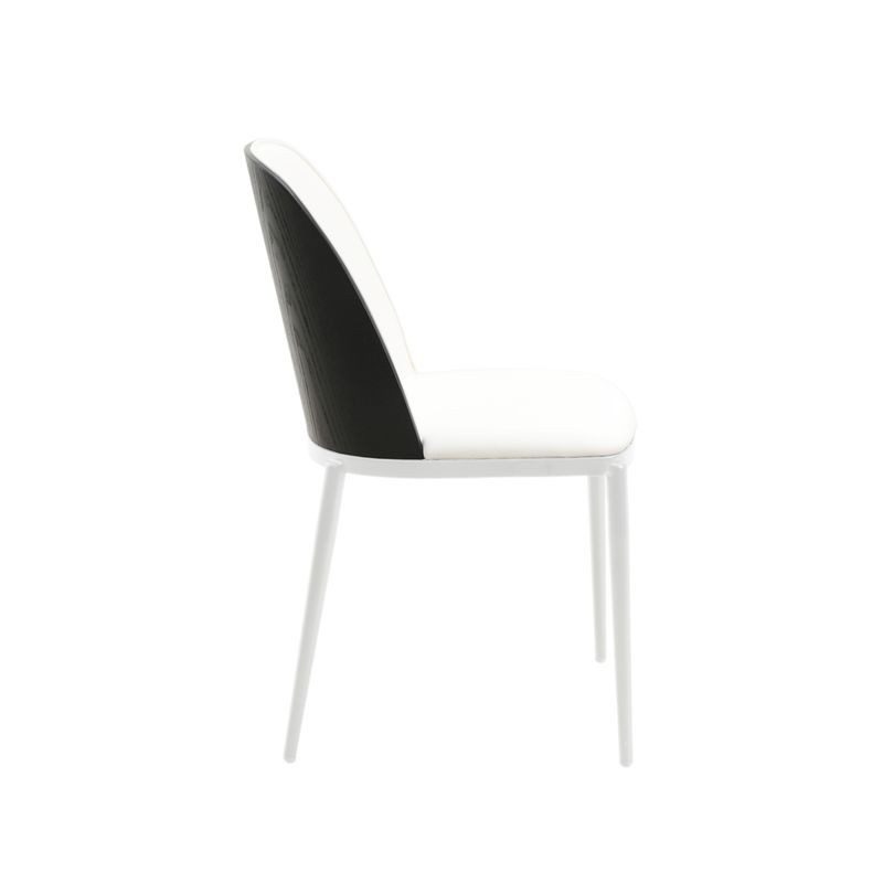 LeisureMod Tule Mid-Century Modern Dining Side Chair with Leather Seat and White Powder-Coated Steel Frame Black/White Side View.