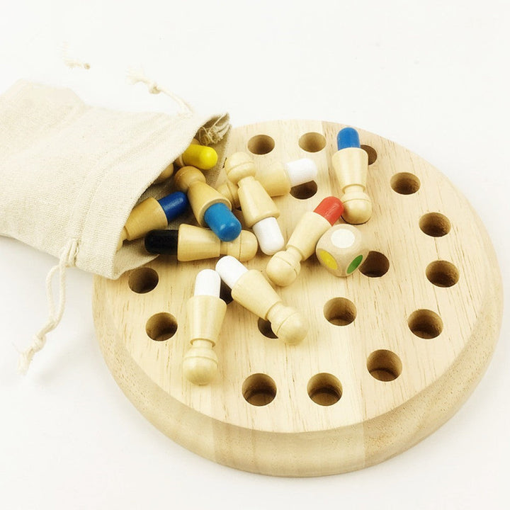 Wooden peg game with colorful pegs on a white background.