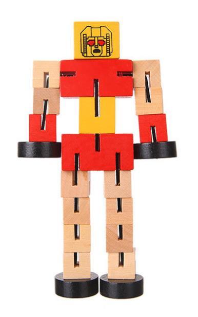 Toy figure made of interlocking wooden blocks with a red and yellow face on a white background.