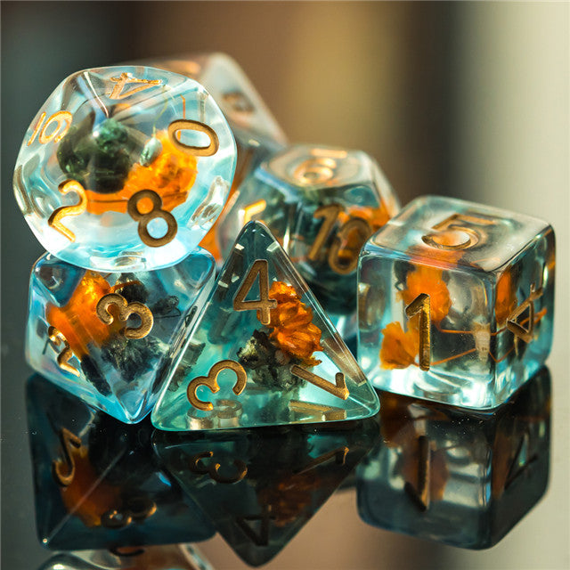 Orange & Grey Flower Dice  7-Dice Set Resin Dungeons and Dragons Dice (Gypsophila / Baby's-Breath)