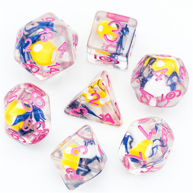 Yellow Mushroom Dice Clear Blue Flower w/Pink Numbers 7-Dice Set Rpg