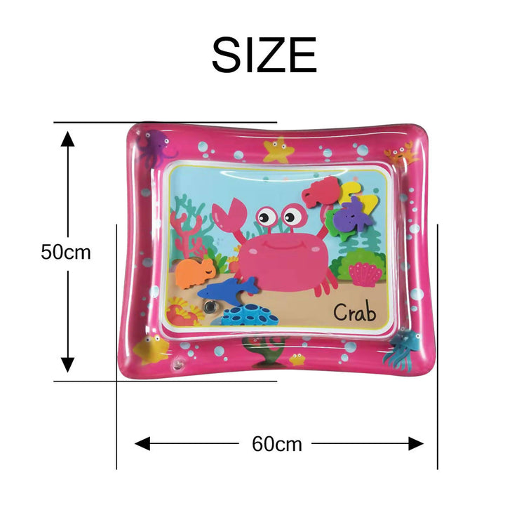 Inflatable children's play mat with crab design and measurements on a white background.