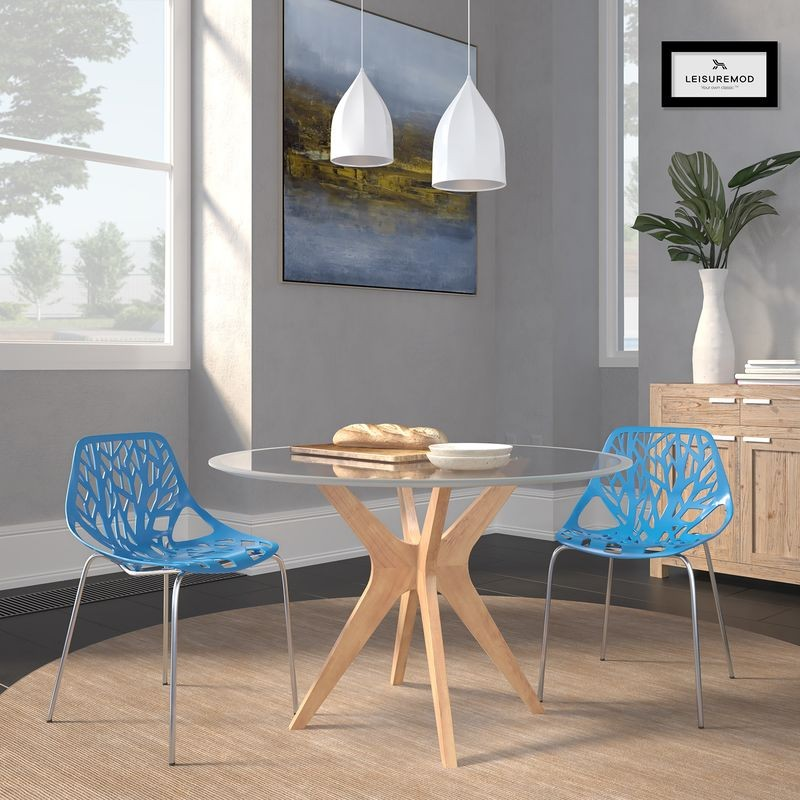 LeisureMod Modern Asbury Dining Chair w/ Chromed Legs, Set of 2 Blue Together.